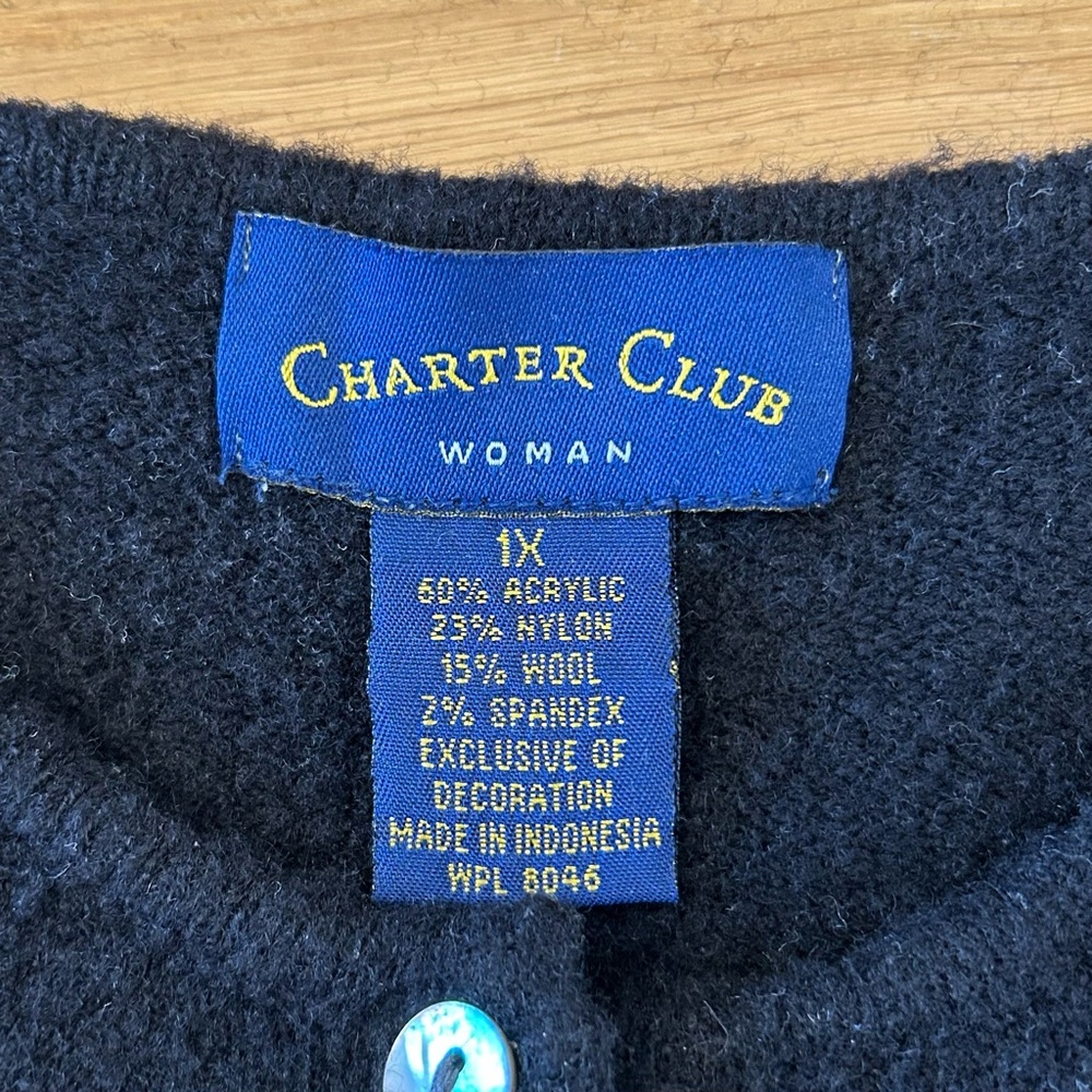 Charter Club Women’s 1X Vintage Black Cardigan with White Floral Embroidery - Picture 3 of 10